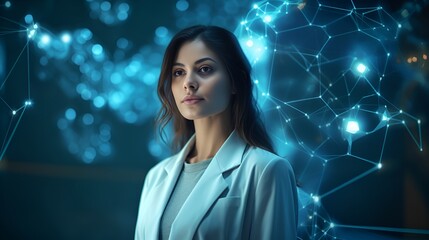 A nurse in a blue digital interface, checking patient data , nurse, blue digital interface, checking patient data