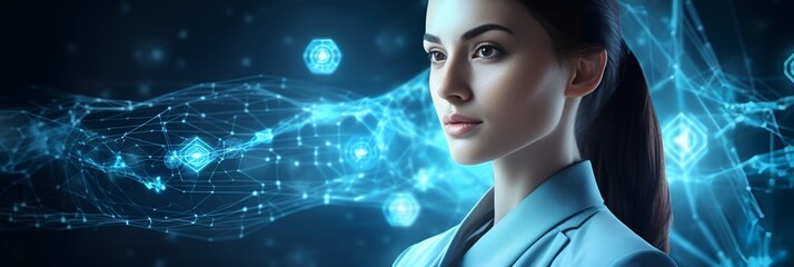 A nurse in a blue digital interface, checking patient data , nurse, blue digital interface, checking patient data - obrazy, fototapety, plakaty