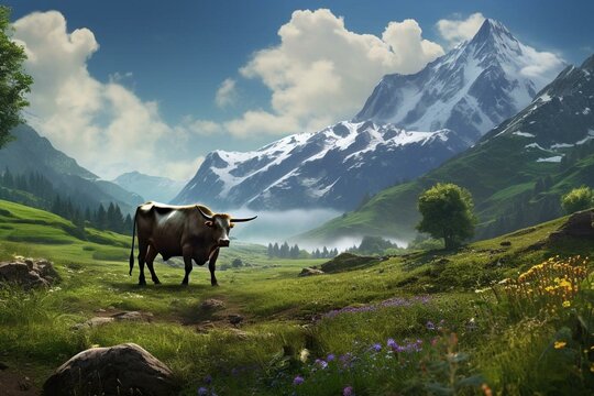 A bovine animal in a lush landscape. Generative AI