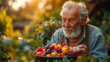 An elderly male gardener admiring his freshly picked crop