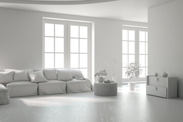 Grey interior desigh concept with furniture. 3D illustration