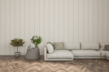 White living room with sofa. Scandinavian interior design. 3D illustration