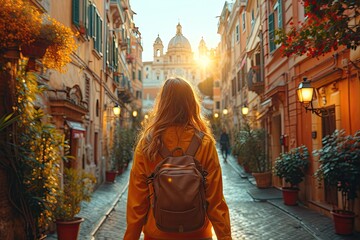 Traveler woman exploring city young vacationer embracing person journey female lifestyle in summer architecture and town backpack and hat for street adventures beautiful landmarks in old building - obrazy, fototapety, plakaty