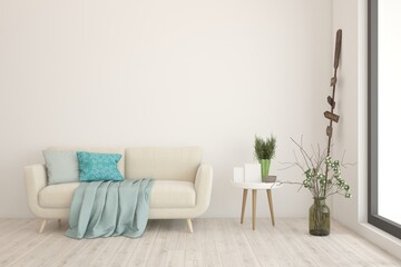 White scandinavian interior design with sofa. 3D illustration