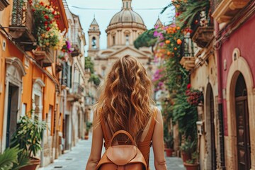 Traveler woman exploring city young vacationer embracing person journey female lifestyle in summer architecture and town backpack and hat for street adventures beautiful landmarks in old building