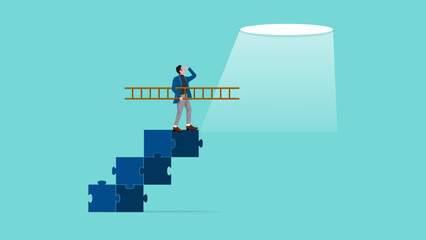 success step to achieve financial freedom or business goal, Business goals as profit target achievement process, the way to achieve goal, businessman making ladder from puzzle to the space of freedom © Vanz Studio
