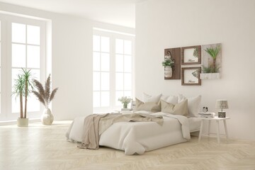 White bedroom concept. Scandinavian interior design. 3D illustration