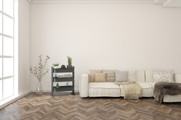 White living room with sofa. Scandinavian interior design. 3D illustration