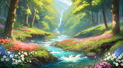A beautiful view in the middle of a forest filled with colorful flowers with a fast flowing river. beautiful forest wallpaper with anime style