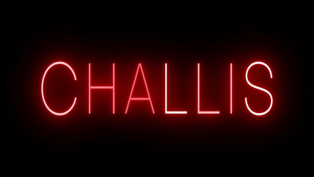 Flickering red retro style neon sign glowing against a black background for CHALLIS