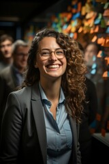 Fototapeta premium Female marketing expert in a brainstorming session, collaborating with team members to fine-tune a business strategy, Generative AI