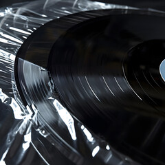 Close-up shot of a black vinyl record album cover wrapped in transparent plastic, showcasing its sleek and glossy design with a captivating play of light and reflection.
