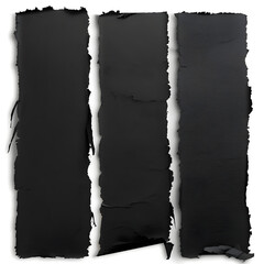 Three torn long black paper pieces, creating a textured and rustic background for text boxes or design elements.