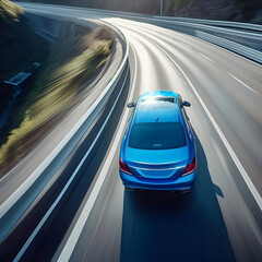 Rear view of a blue business car speeding along a high-speed highway, showcasing its sleek design and powerful performance in a thrilling turn.
