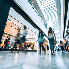 Blurred background of a modern shopping mall with stylish women looking at a showcase. Abstract motion blurred shoppers with shopping bags add a dynamic and energetic feel to the image.