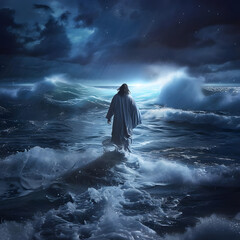 Illustration of Jesus walking on water during a stormy night, symbolizing his miraculous powers and unwavering faith. - obrazy, fototapety, plakaty