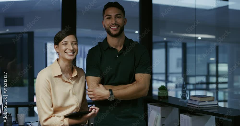 Sticker Team, happy and face by tablet in office, collaboration and businesspeople on project at night. Young man, woman and positive portrait for digital planning with technology and website in workplace