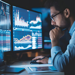 Close-up shot of a finance trade manager analyzing stock market indicators and financial data charts on a computer screen. The image highlights the manager's focus and determination in devising the be - obrazy, fototapety, plakaty