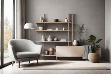 Scandinavian Interior home design of living room with gray armchair and wooden shelves