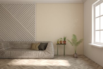 Interior design of modern apartment. Interior mockup. Scandinavian interior design. 3D illustration