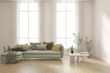 Interior design of modern apartment. Interior mockup. Scandinavian interior design. 3D illustration