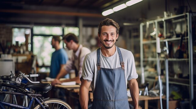 A mechanic fixing a bicycle looking at the gears , mechanic, fixing, bicycle, gears