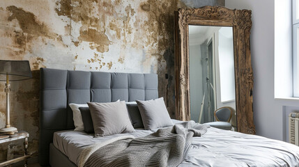 King-size bed with gray square headboard, large rustic wooden mirror. Ai Generative