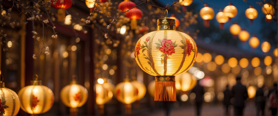Wide Beautiful Ornate golden Chinese New Year Lanterns Festival on bokeh golden Nights with copy space, chinese new year banner design - obrazy, fototapety, plakaty