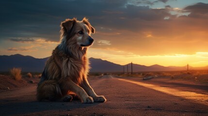 Cute little dog sitting on the road in the countryside. Mountains and sunset at the background. AI Generated  - obrazy, fototapety, plakaty