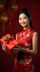 A Chinese bride, Wearing a red bridal dress, Holding a big gift box in his hand, With a smile, A red background, A festive atmosphere, Movie shot, Movie lighting with generative ai