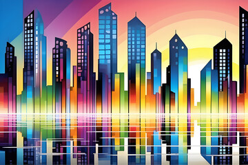 Fantastic View Of The City: An Abstract Illustration Of A City Rising Tall Building And Rainbow Spot Of Oil Contamination Spotted With Paint generative ai