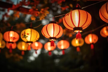 Chinese lanterns at night hanging close up