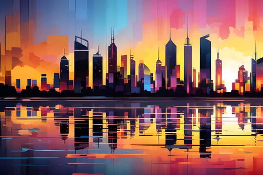 Fantastic View Of The City: An Abstract Illustration Of A City Rising Tall Building And Rainbow Spot Of Oil Contamination Spotted With Paint generative ai