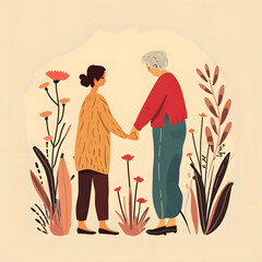 Generative AI illustration depicting a young woman holding the hand of an elderly person, showcasing the concept of caregiving and compassion towards the elderly.