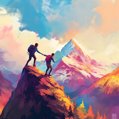 Generative AI illustration of a hiker lending a helping hand to their friend, as they conquer the mountain top together. - obrazy, fototapety, plakaty