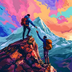 Foto op Plexiglas Generative AI illustration of a hiker lending a helping hand to their friend, as they conquer the mountain top together. © Hasanul