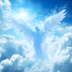 A mesmerizing image of an angelic spirit with majestic wings in a serene blue sky adorned with fluffy white clouds.