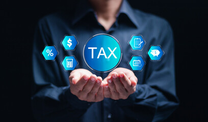 Businessman holds tax technology icon for online individual income tax return. Government, Data...