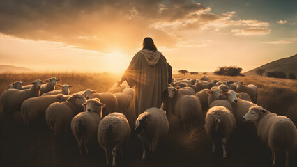A bible jesus shepherd with his flock of sheep during sunset - obrazy, fototapety, plakaty