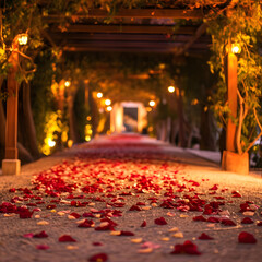 A warm evening ambience with a magical pathway made of rose petals, creating a romantic and inviting atmosphere.