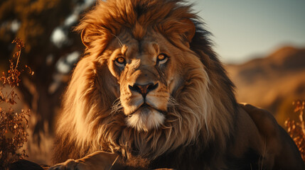 Obraz premium portrait of a lion, majestic lion in savannah, photorealistic, high resolution, golden hour light