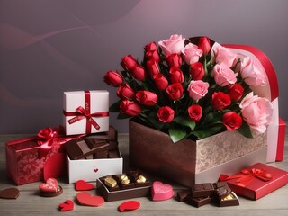 Chocolates, gifts, flowers, beautiful pink Valentine's Day