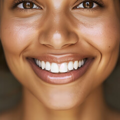 Naklejka premium Close-up portrait of a woman with a radiant smile, radiating joy and happiness.