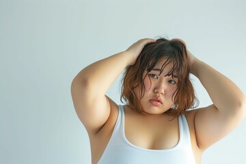 体型に悩む太っている日本人女性（デブ・肥満・減量・ぽっちゃり・ダイエット・フィットネス）