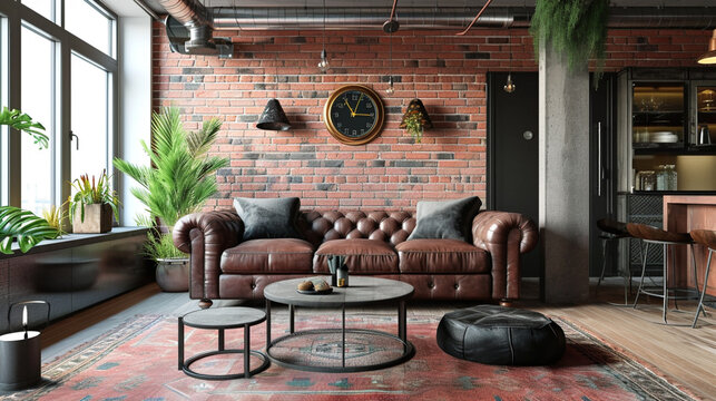 Fototapeta Living room in industrial style with leather sofa and brick wall . Ai Generative