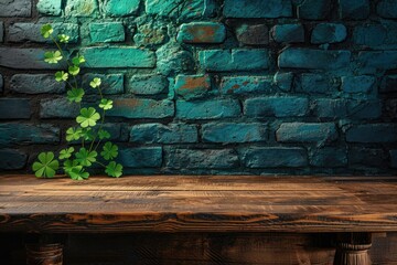St. Patrick's Day concept. wooden table in front of shamrock leaf background . Generative Ai.