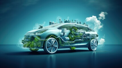 Modern car powered by renewable electricity generation. - obrazy, fototapety, plakaty