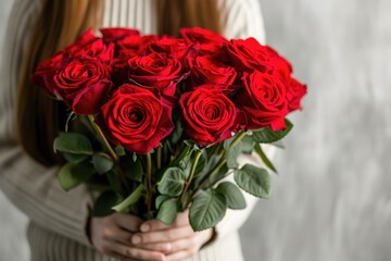 Obraz premium a woman holding a bouquet of roses.ai generative