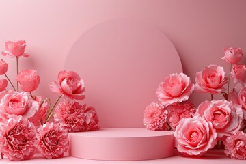 rose background with a podium backdrop for product presentation. valentine concept. Generative AI