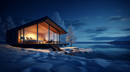 A minimalist snowy cabin at night 3D rendering - obrazy, fototapety, plakaty